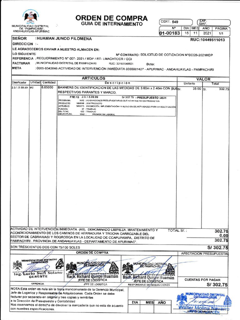 Orden de Compra y Guía de Internamiento Pampachiri | PDF