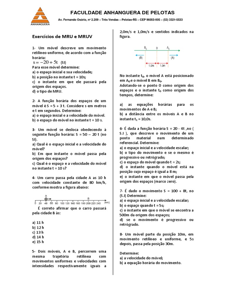 Exercícios de MRU e MRUV para 9º Ano | PDF | Velocidade | Trajetória