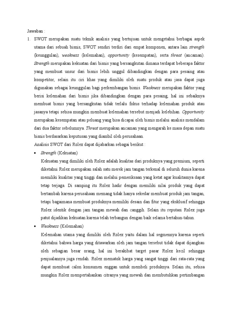 Analisis SWOT Rolex: Kekuatan dan Ancaman | PDF | Bisnis | Pengelolaan ...