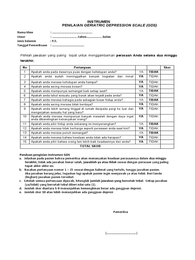 Skala Depresi Geriatrik (GDS) untuk Penilaian | PDF