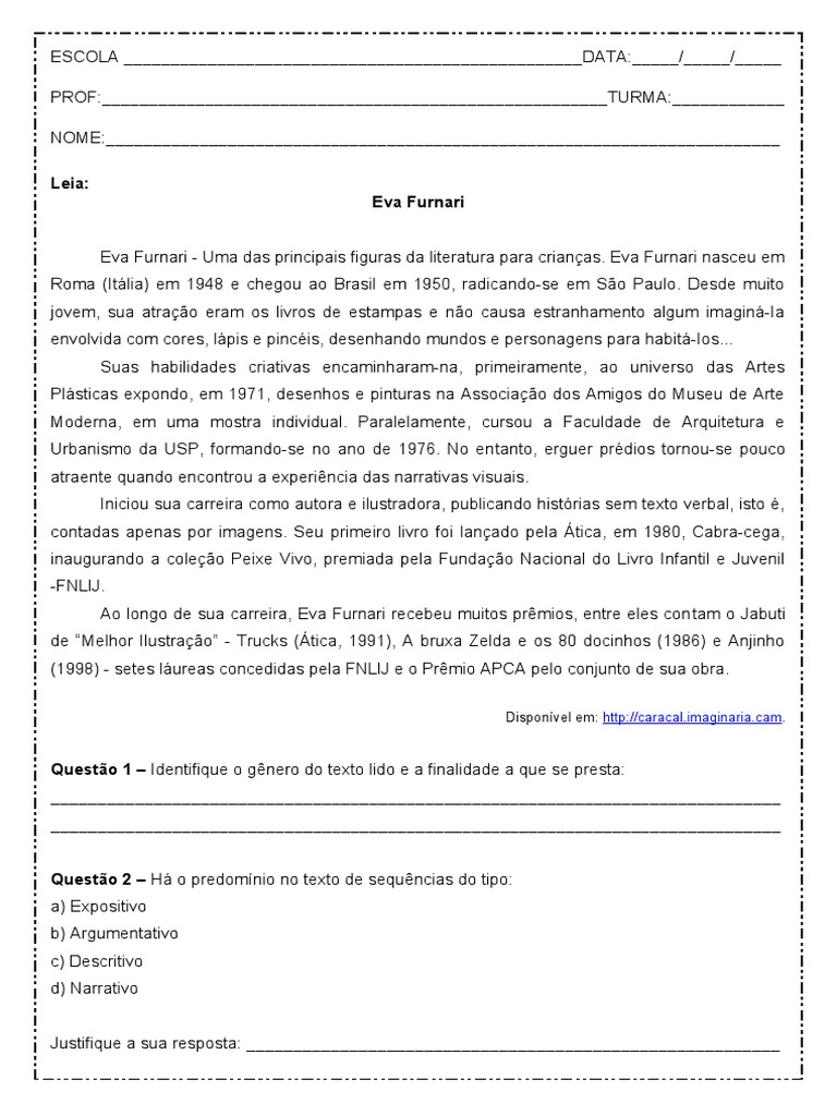 Interpretacao de Texto Eva Furnari 1º Ano Do Ensino Medio Word | PDF