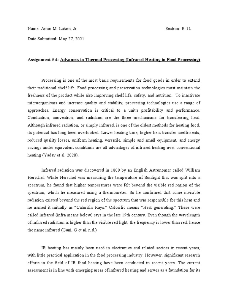 Assignment 4 Advances in Thermal Processing (Infrared Heating in