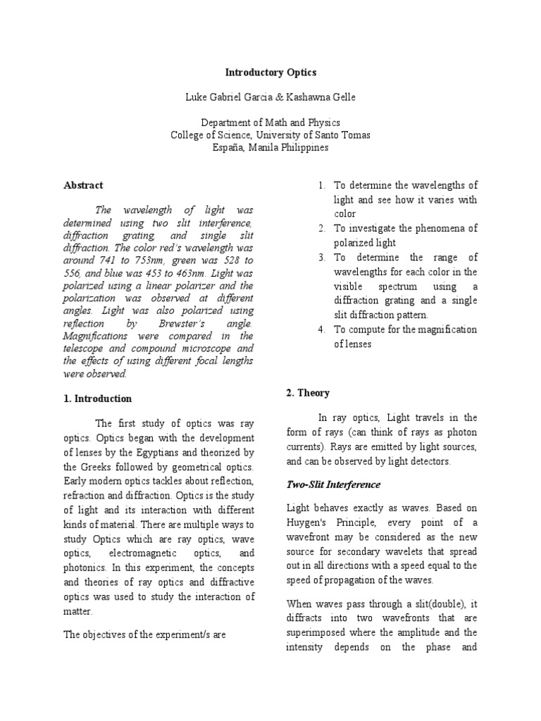 Introductory Optics PDF Optics Diffraction