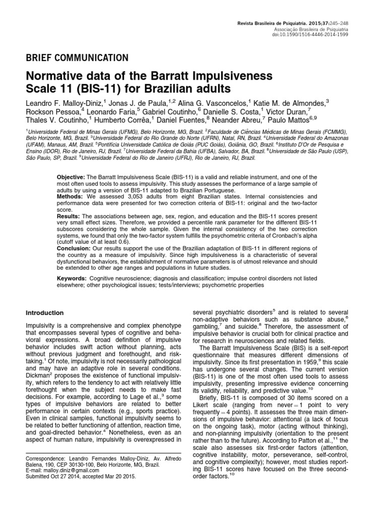 Normative Data for BIS-11 in Brazil | PDF | Impulsivity | Psychometrics