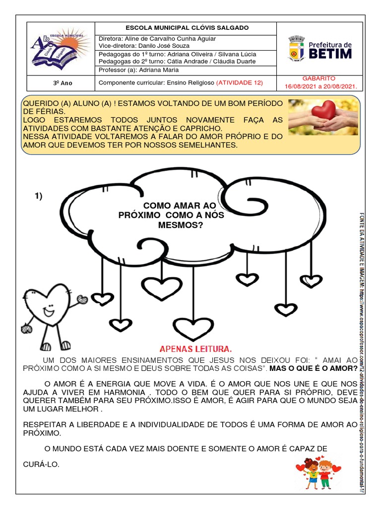 Ensinamentos sobre amor ao próximo em atividade de Ensino Religioso ...