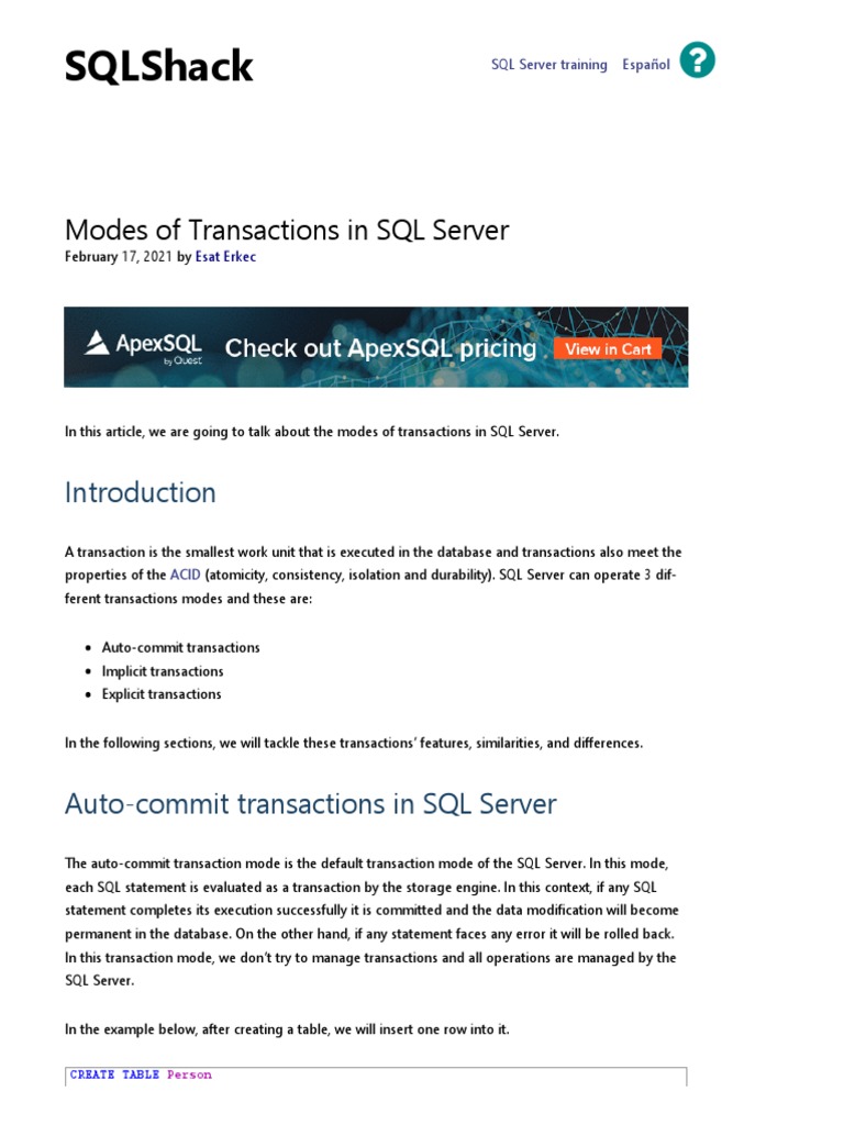 Modes of Transactions in SQL Server | PDF | Database Transaction ...