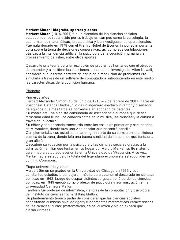 Biografía y aportes de Herbert Simon | PDF | Matemáticas | Ciencias ...