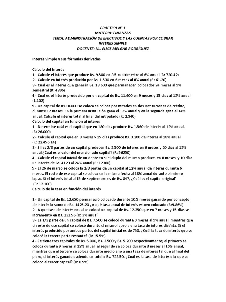 Ejercicios de Interés Simple en Finanzas | PDF | Bancos | Distribución ...
