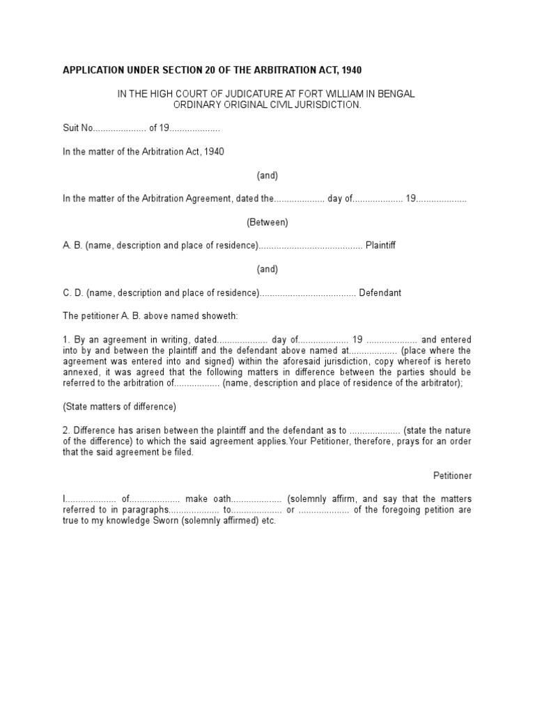 Application Under Section 20 of The Arbitration Act, 1940 | PDF