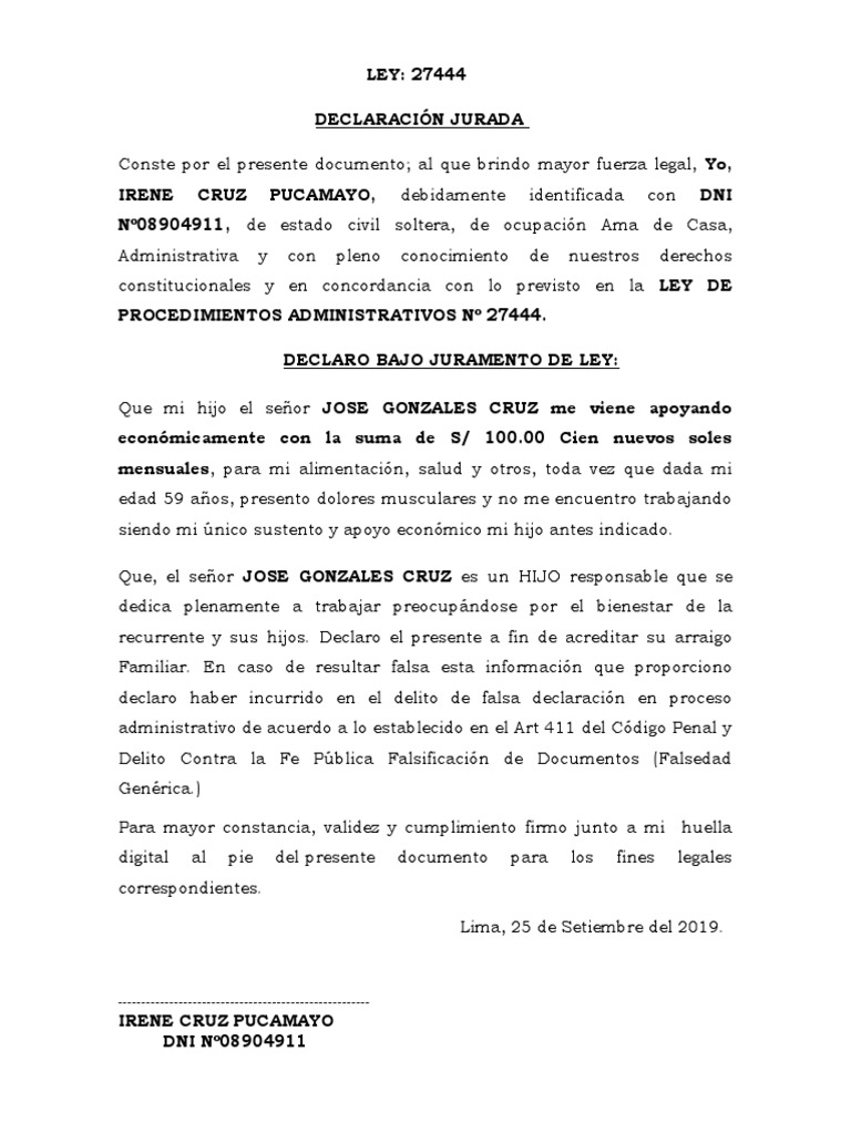 Declaracion Jurada de Madre Jose Gonzales Cruz | PDF