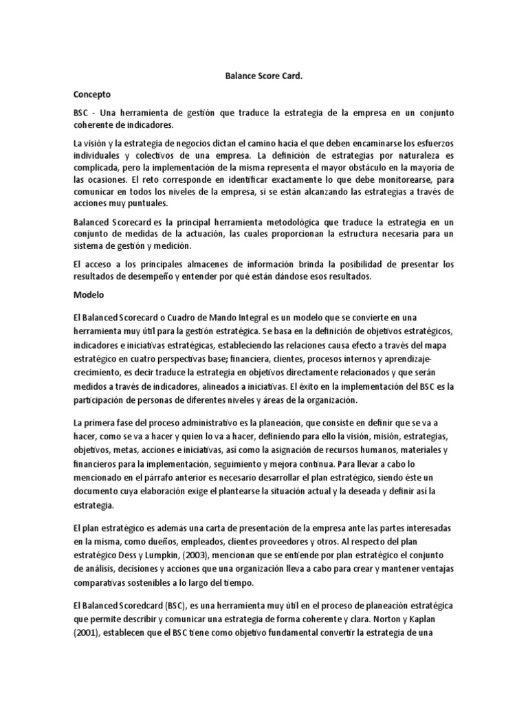 Implementación del Balanced Scorecard | PDF | Planificación estratégica ...