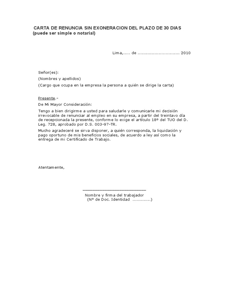 Carta de Renuncia Sin Exoneracion Del Plazo de 30 Dias  PDF