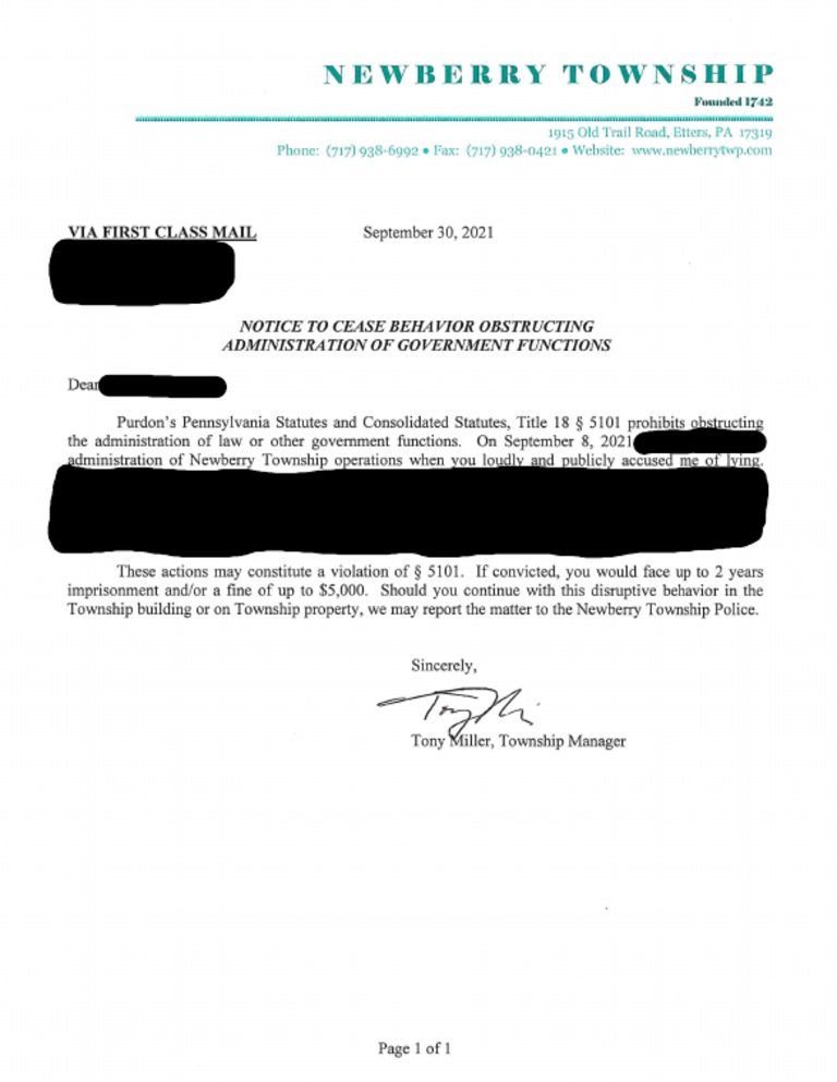 Letter of Intimidation From Newberry Twp. Manager Tony Miller | PDF