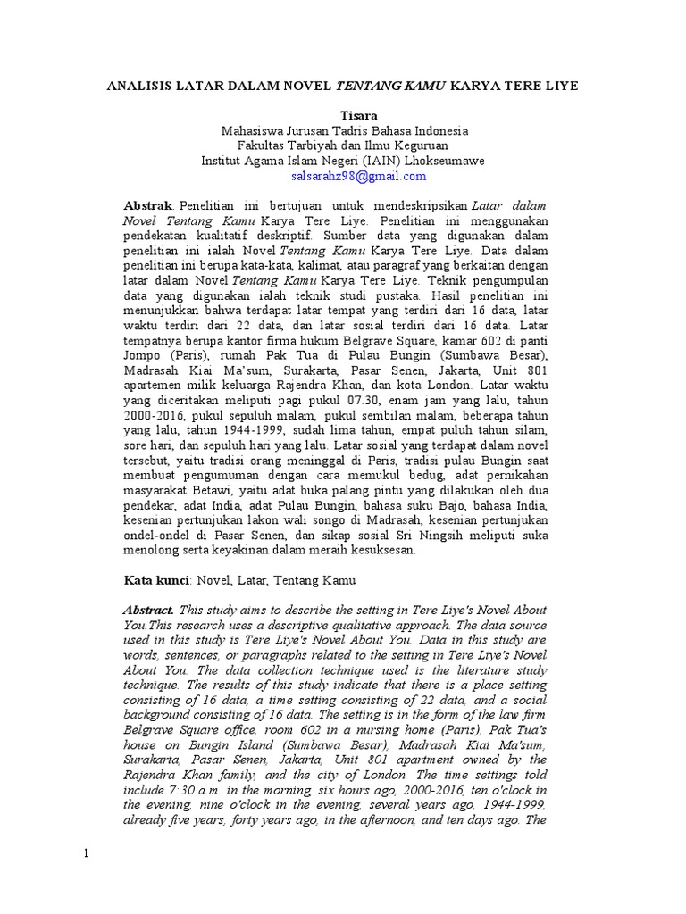 Analisis Latar Dalam Novel Tentang Kamu Karya Tere Liye PDF