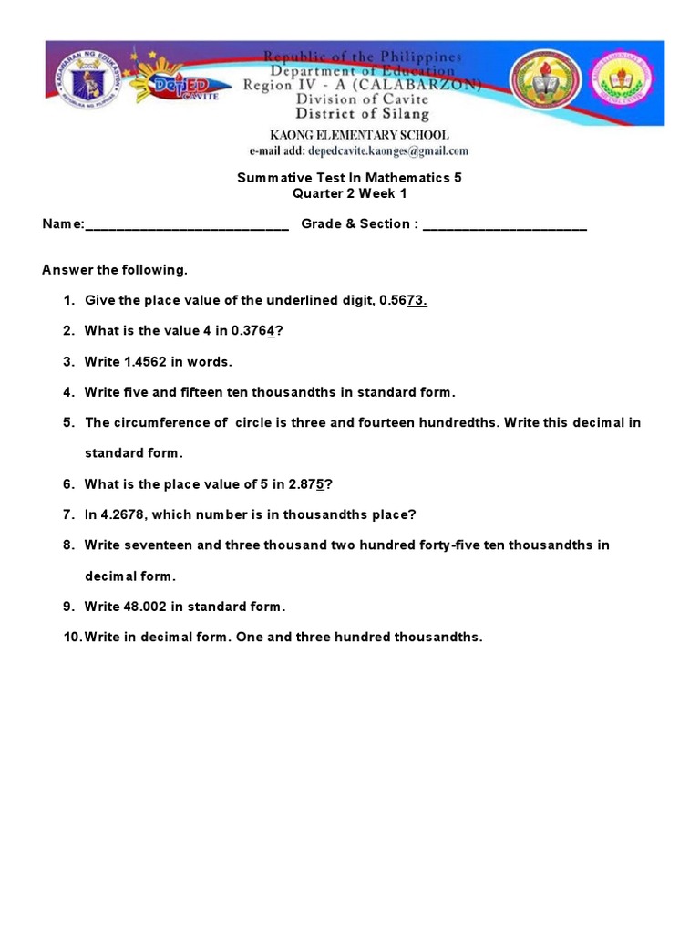 Math 5 Summative Test: Quarter 2 Week 1 | PDF | Teaching Methods ...