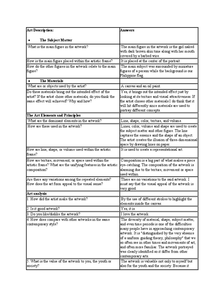 Art Description The Subject Matter Answers PDF Composition (Visual