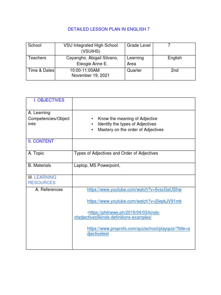 Adjective Lesson Plan for Grade 7 | PDF | Noun | Adjective
