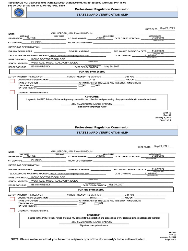 Professional Regulation Commission Stateboard Verification Slip PDF