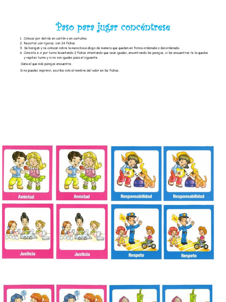 Juego de memoria: valores para imprimir | PDF