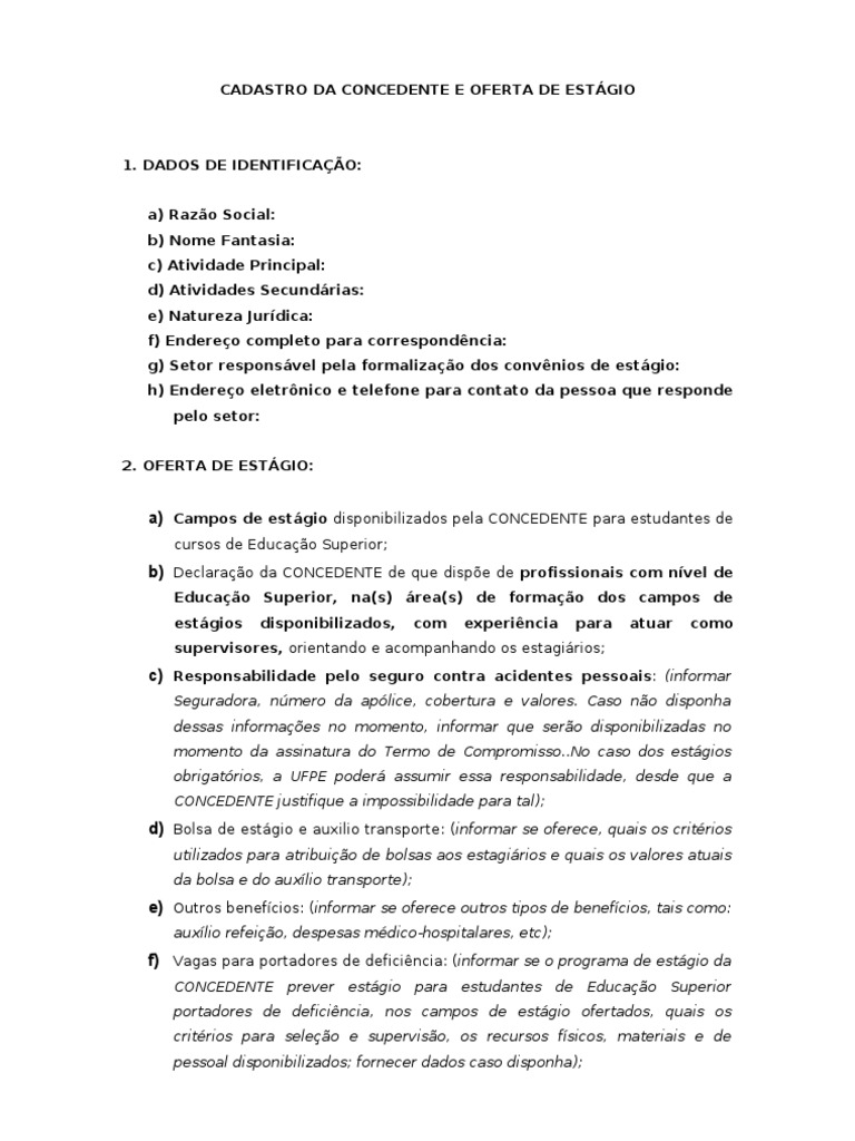 Cadastro e Oferta de Estágio Concedente | PDF | Estágio | Procura de ...