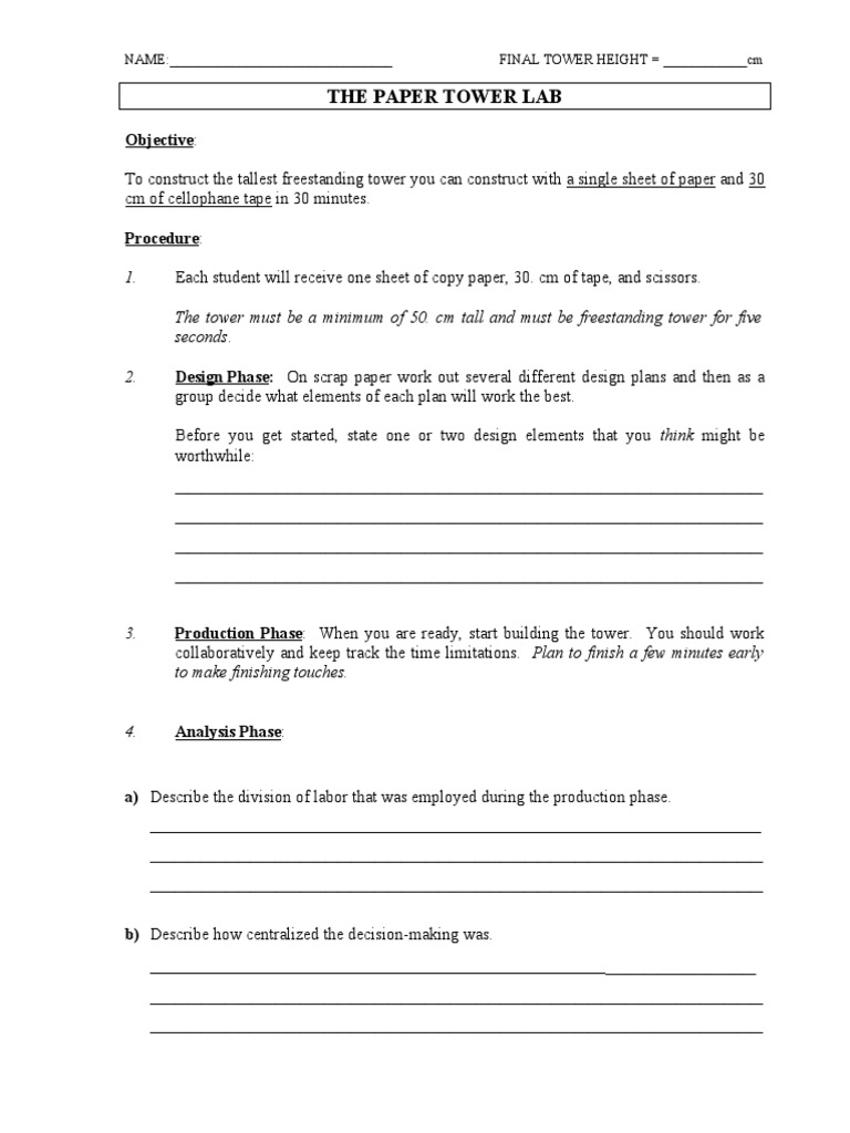 The Paper Tower Lab 1. The Tower Must Be A Minimum of 50. CM Tall and