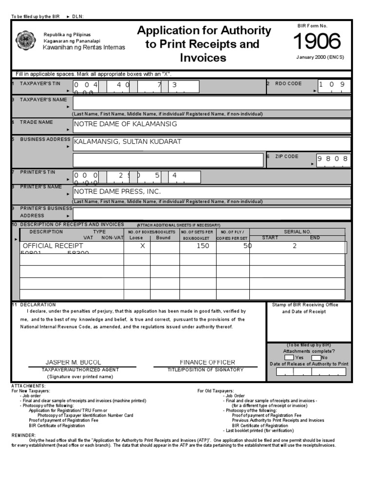 Bir form 1906 pdf receipt invoice