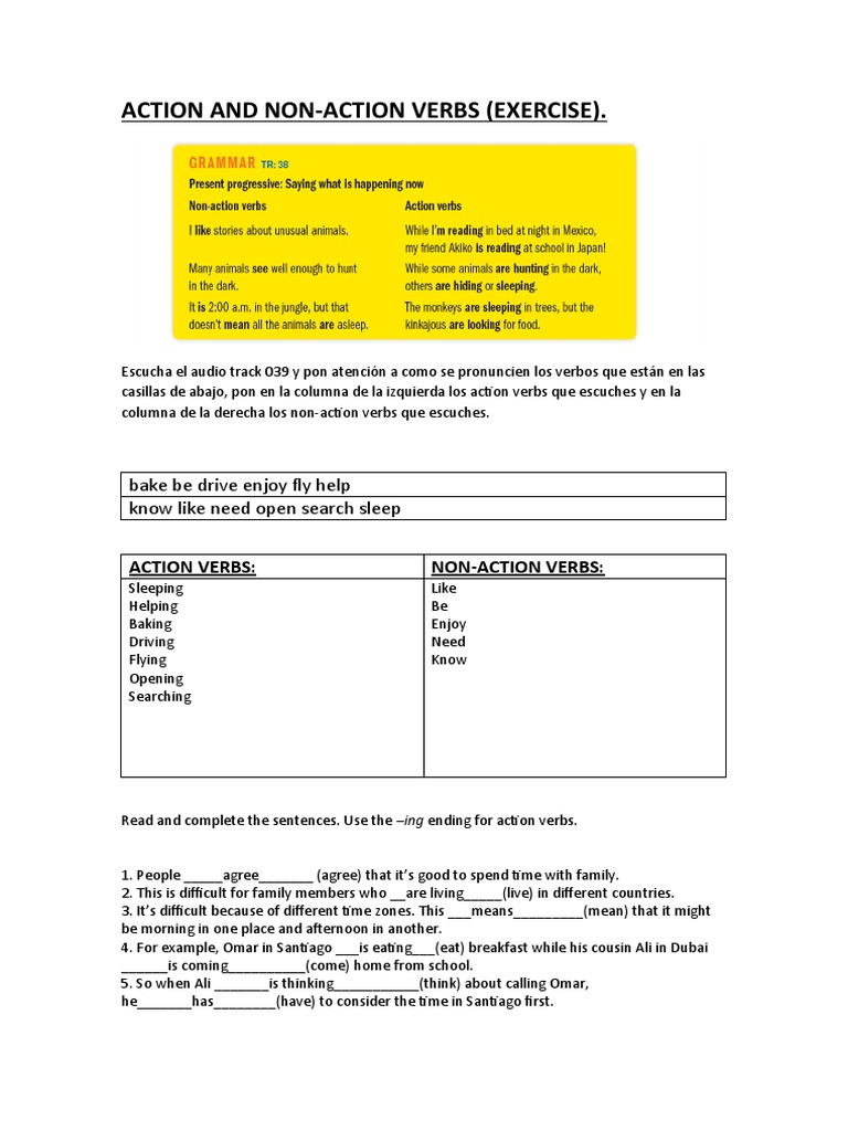 Action and Non Action Verbs (Exercise) PDF