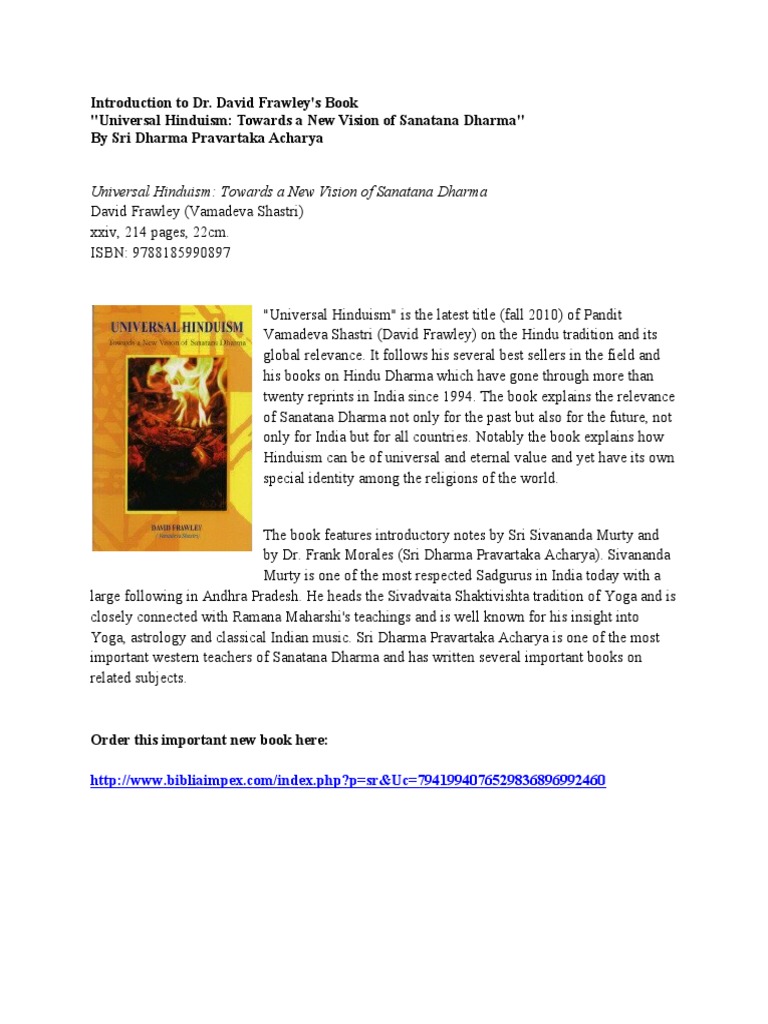 Introduction To Dr. David Frawley's Book "Universal Hinduism: Towards A ...