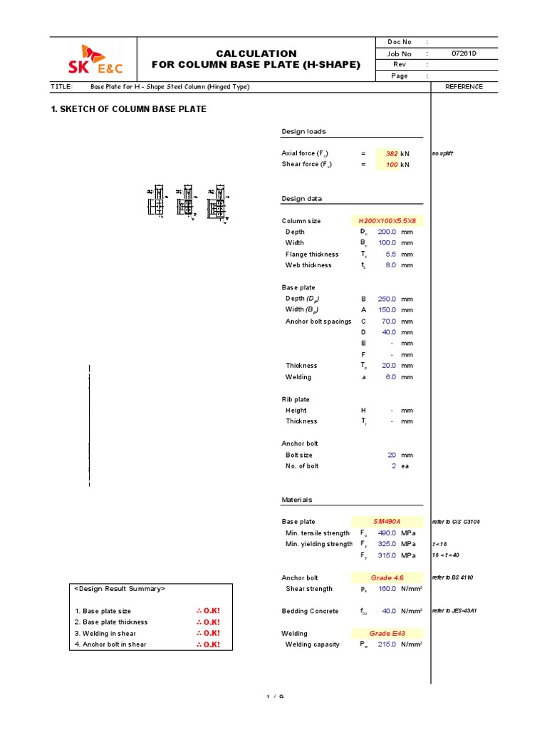 H-Shape Steel Column Base Plate Design | PDF | Screw | Column