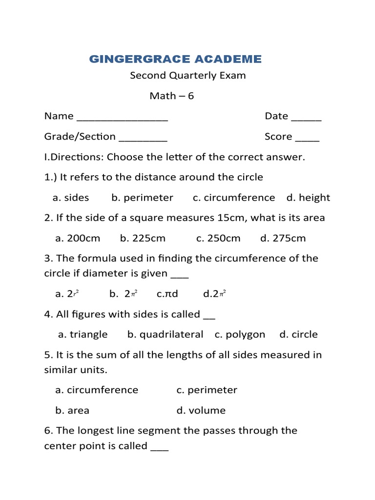 Maths in Daily Life Exam for Grade 6 | PDF | Area | Geometry