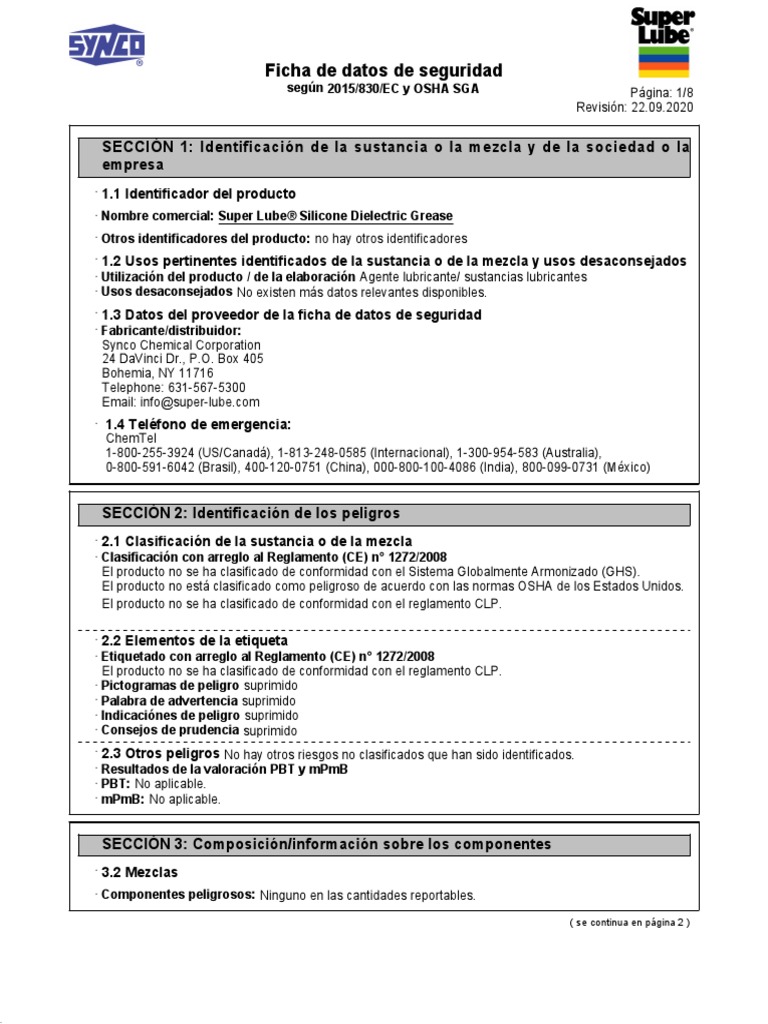 SDS Super Lube Silicone Dielectric Grease PDF Residuos Agua