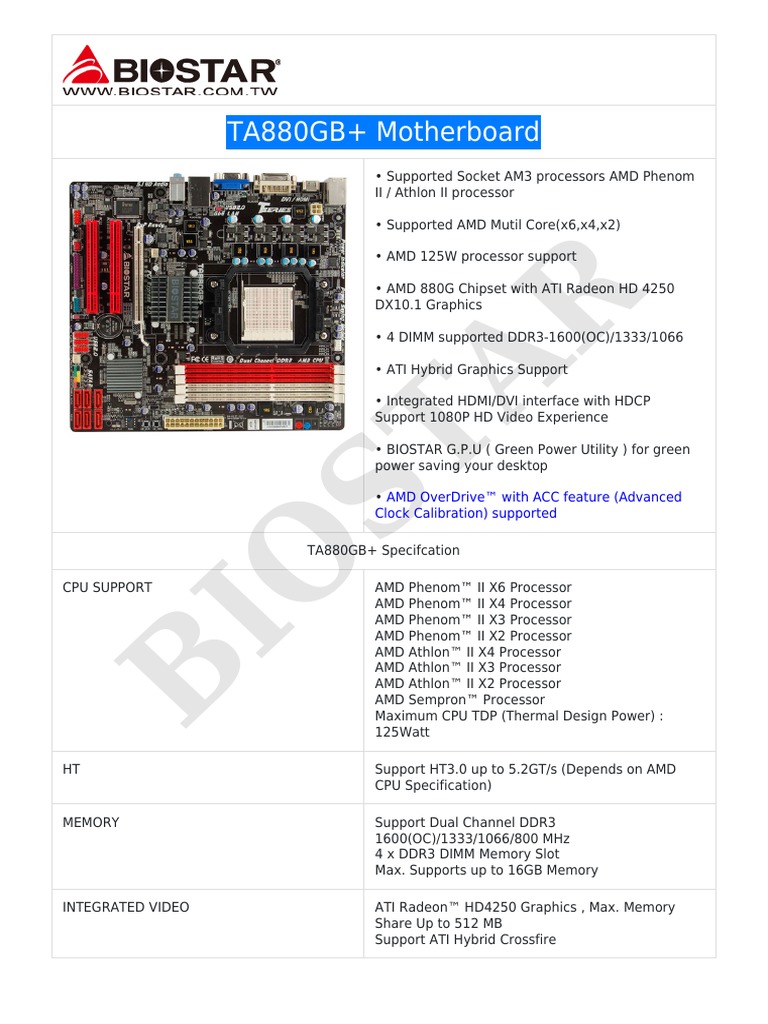 Biostar Ta880gb+ Spec | PDF | Advanced Micro Devices | Bios