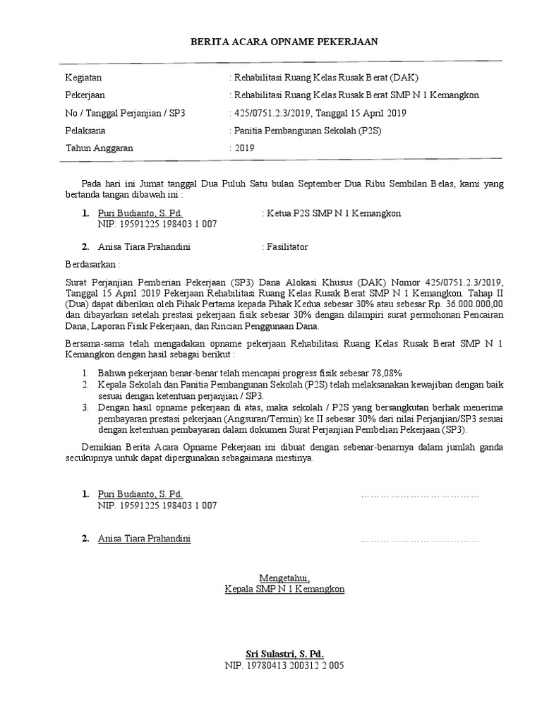 Berita Acara Opname Pekerjaan SMP N 1 | PDF