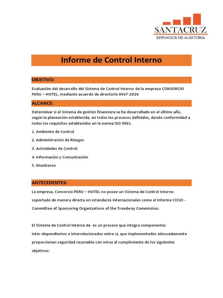 Informe de Control Interno en CONSORCIO PERU-HOTEL | PDF | Planificación