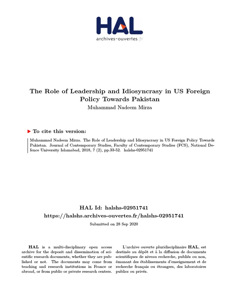 The Role of Leadership and Idesyncracy in US Foreign Policy Towards ...