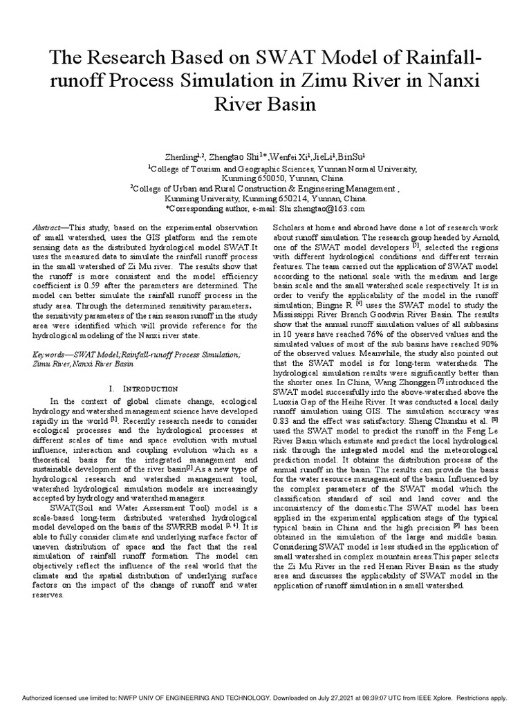 The Research Based On SWAT Model of Rainfall-Runoff Process Simulation ...