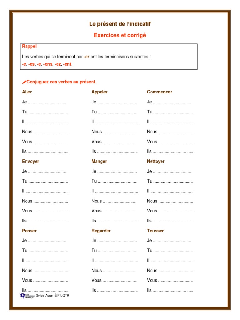 Le Présent De L indicatif Exercices