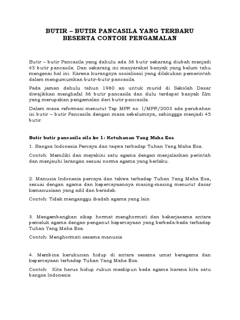 Butir-Butir Pancasila Terbaru dan Contoh | PDF