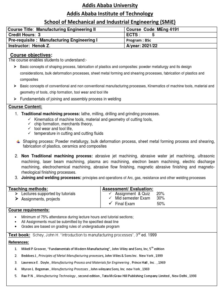 Manufacturing Engineering II Course Outline | PDF | Machining | Welding