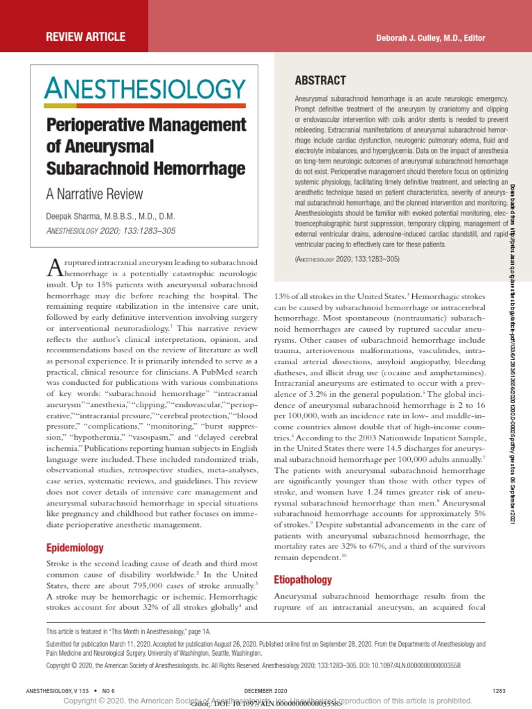 Perioperative Management of Aneurysmal Subarachnoid Hemorrhage | PDF ...