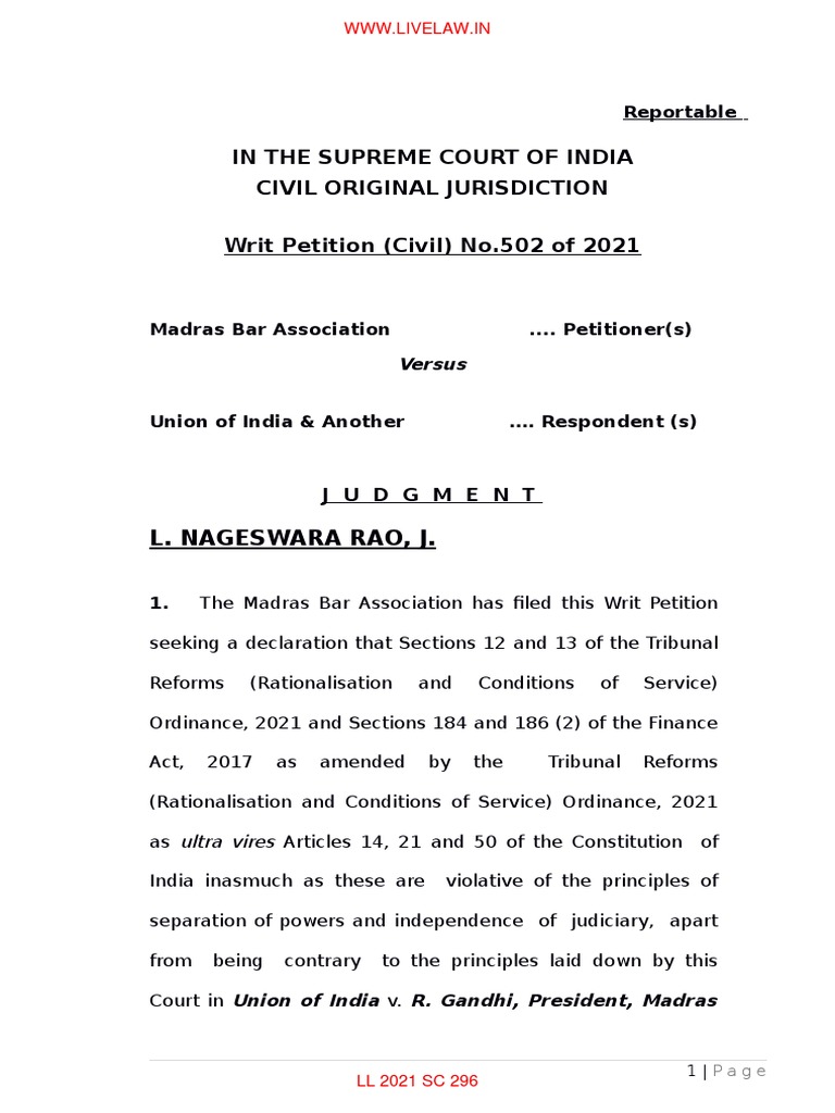 Madras Bar Association Vs Union of India LL 2021 SC 296 396654 PDF The Federalist Papers