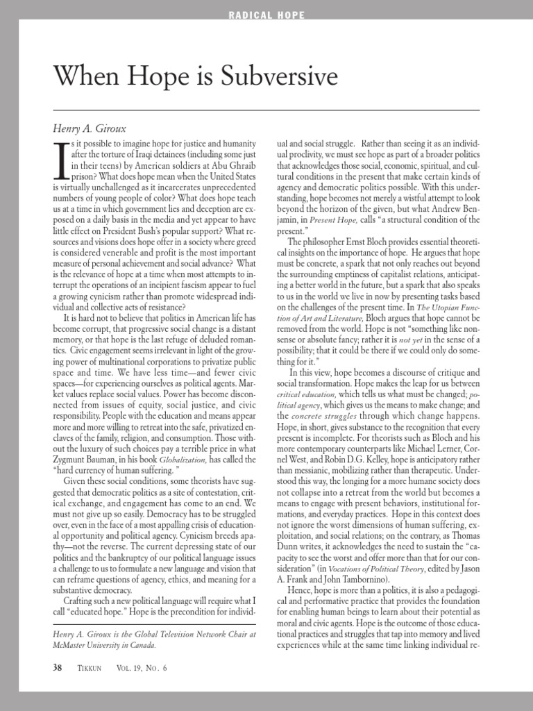 Henry Giroux When Hope Is Subversive PDF Hope