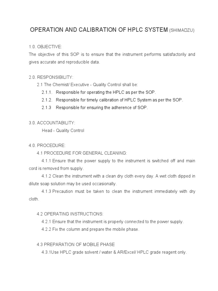 HPLC Calibration SOP for Shimadzu | PDF | High Performance Liquid ...
