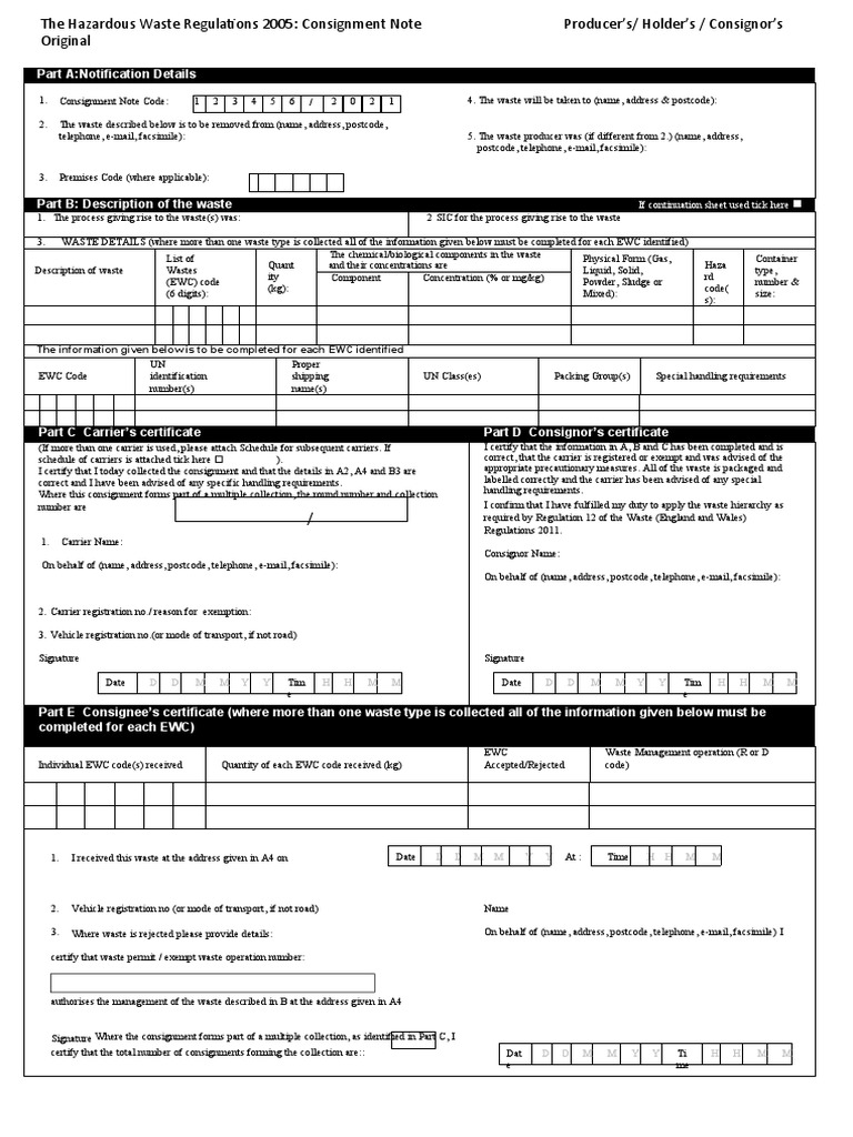 Hazardous Waste Regulations 2005 Consignment Note Carrier Copy PDF