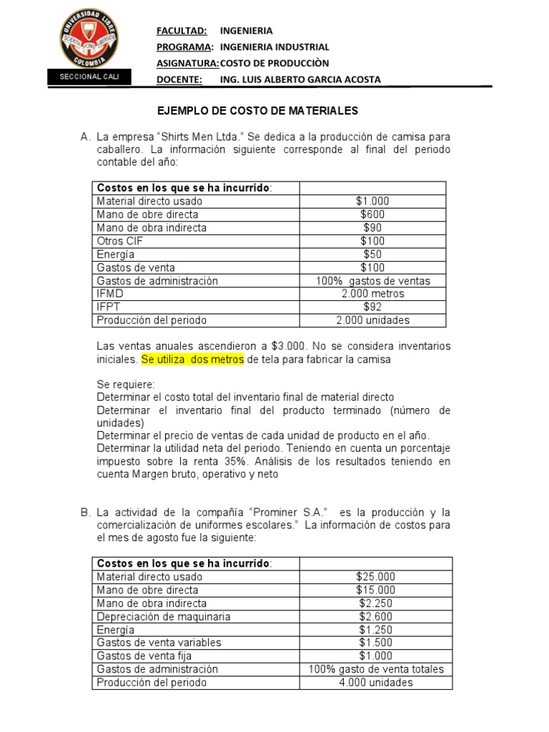Ejemplo de Costo Material Directo | PDF | Costo | Margen bruto