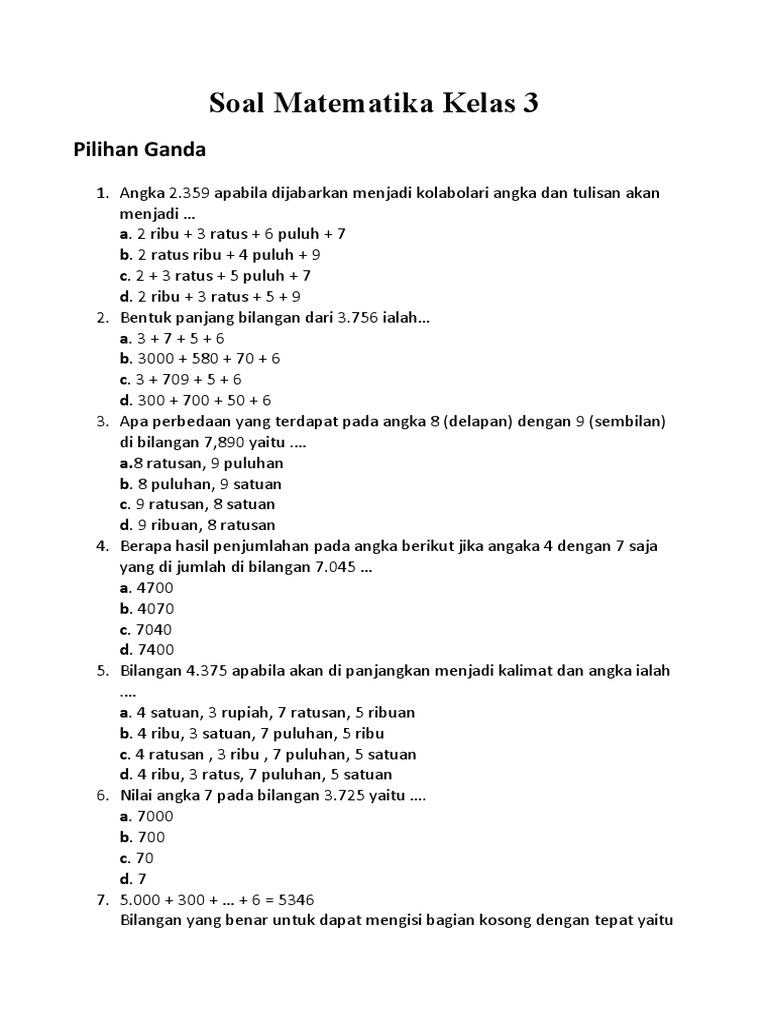 Soal Matematika Kelas 3 SD Lengkap | PDF | Metode & Bahan Ajar