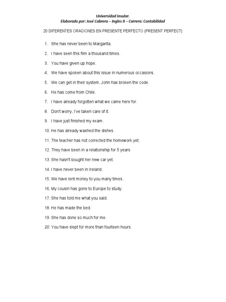 20 Oraciones en Presente Perfecto | PDF
