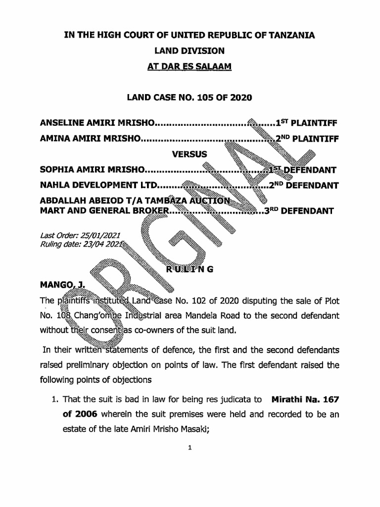 Land Case No 105 2020 | PDF | Lawsuit | Res Judicata