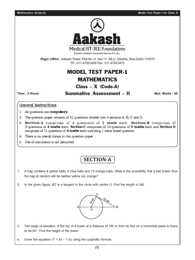 Model Test Paper-1 Mathematics: Class - X (Code-A) Summative Assessment ...