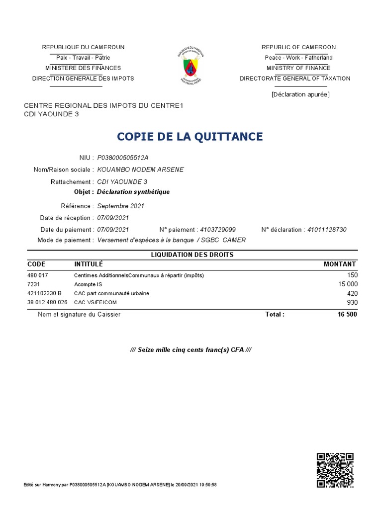 Quittance de Paiement d'Impôts à Yaoundé | PDF | Finance et gestion ...